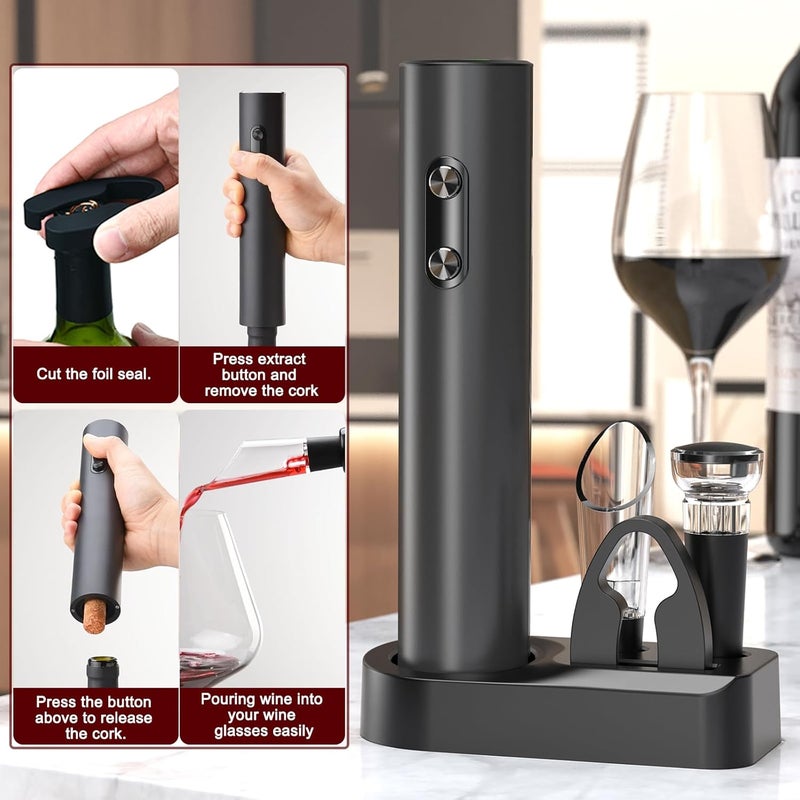 AtomDream Tech Electric Wine Opener Set, Electric Wine Bottle Opener with Storage Base/Wine Aerator Pourer/Foil Cutter/Wine Stopper (Black, Battery Operated, 4 x AA Batteries Not Included) - Image 4